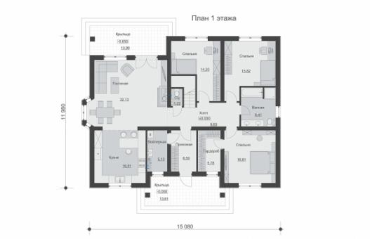 Одноэтажный дом с мансардой, гостиной и тремя спальнями